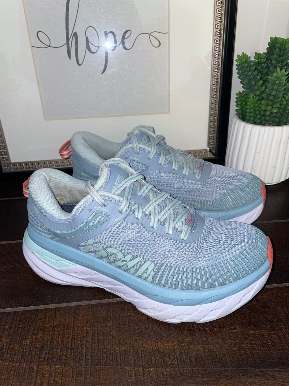 Hoka One One Bondi 7 Athletic Shoes Blue Fog/ Blue Glass Size 6.5D Wide Width